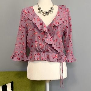 Express Purple Pink Floral Ruffle Cropped Wrap Top